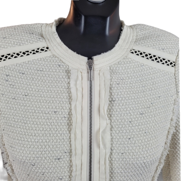 REBECCA TAYLOR Ivory Zip Up Fringe Blazer Jacket Size 2 - Picture 8 of 12